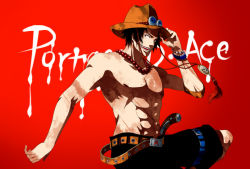  1boy belt bracelet character_name eilinna hand_on_headwear hat jewelry knife male_focus necklace one_piece portgas_d._ace sheath topless_male shorts solo stampede_string thigh_strap 
