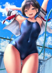  1girl :d arms_up bare_shoulders black_hair breasts brown_eyes chain-link_fence cloud commentary_request competition_school_swimsuit covered_navel cowboy_shot day dutch_angle fence gluteal_fold hose kase_daiki looking_at_viewer one-piece_swimsuit open_clothes open_mouth original outdoors outstretched_arms sailor_collar sailor_shirt school_swimsuit school_uniform serafuku shiny_clothes shirt short_hair sky small_breasts smile solo splashing standing swimsuit swimsuit_under_clothes thigh_gap thighs undressing water water_drop wet wet_clothes  rating:Sensitive score:93 user:danbooru