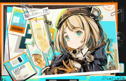  1boy :3 blonde_hair blue_cloak blue_eyes bob_cut border brown_gloves brown_hat character_name cloak collared_shirt device english_text ezra_theodore floppy_disk gloves hands_up hat highres hood hood_down hooded_cloak id_card jacknavy looking_at_viewer male_focus orange_border own_hands_together paper paperclip photo_(object) reverse:1999 seal_impression shirt short_hair solo steepled_fingers upper_body white_shirt 