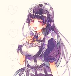 1girl black_hair blush braid breasts chest_harness commentary detached_collar earrings english_commentary hand_on_own_chest harness heart jewelry long_hair looking_at_viewer maid maid_headdress medium_breasts meiwo_(meiwov0v0) meloco_kyoran meloco_kyoran_(2nd_costume) multicolored_hair multiple_earrings nijisanji nijisanji_en red_eyes solo streaked_hair sweatdrop very_long_hair virtual_youtuber