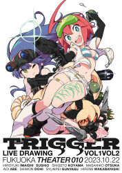 2023 3girls aqua_eyes artist_request bikini blade blonde_hair blue_hair breasts goggles goggles_on_head green_eyes gun highres holding holding_weapon large_breasts mask medium_breasts multiple_girls muzzle_(trigger) one_eye_closed orange_hair red_hair shorts source_request spring_(trigger) swimsuit tagme tattoo trigger-chan trigger_(company) weapon