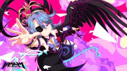  1girl artist_request blue_eyes blue_hair detached_collar eyepatch halo highres looking_at_viewer magicami messy_hair official_art official_wallpaper reaching reaching_towards_viewer single_wing smile tamaki_hanabi wings  rating:Sensitive score:1 user:HagenFromBoreas