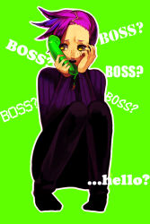  1boy asymmetrical_hair corded_phone freckles full_body green_background hand_on_own_cheek hand_on_own_face jojo_no_kimyou_na_bouken knees_up long_sleeves looking_to_the_side male_focus muchooooo pants phone purple_hair ribbed_sweater short_hair sitting solo sweater vento_aureo vinegar_doppio yellow_eyes 