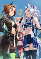  3girls abs animal_ears antenna_hair bare_shoulders belt belt_buckle belt_pouch black_belt black_coat black_gloves black_hairband black_skirt black_thighhighs blue_coat blue_hairband blue_shorts blue_skirt blue_sky breasts brown_eyes brown_hair buckle closed_mouth coat commentary_request crop_top day ear_covers fingerless_gloves from_below gloves grey_hair hair_between_eyes hairband half-skirt hand_up hands_on_own_hips highres hishi_miracle_(umamusume) holding holding_sword holding_weapon horse_ears horse_girl horse_tail jacket large_breasts looking_at_another looking_at_viewer medium_breasts medium_hair midriff multicolored_hair multiple_girls nabe_puyo navel no_reason_(umamusume) open_mouth outdoors pleated_skirt pouch red_hairband red_skirt short_hair short_shorts shorts single_ear_cover single_thighhigh skirt sky sleeveless smile standing streaked_hair sword tail thighhighs umamusume weapon white_hair white_thighhighs yaeno_muteki_(umamusume) 