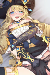  1girl bare_shoulders black_hat black_panties blonde_hair blue_eyes blue_gemstone blush breast_slip breasts corset covering_crotch covering_privates detached_sleeves drill_hair flower furrowed_brow gem genshin_impact gloves hand_on_own_arm hat hat_flower jewelry large_breasts long_hair looking_at_viewer lying navia_(genshin_impact) nipples no_pants on_back open_mouth outstretched_arm paid_reward_available panties piroshiky single_glove smile solo spread_legs thighhighs tricorne unaligned_breasts underwear very_long_hair 