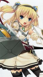  1girl armor armored_dress blonde_hair dress eilin_(queen&#039;s_blade) gem greaves hammer hiiro_yuki jewelry looking_at_viewer open_mouth queen&#039;s_blade queen&#039;s_blade_rebellion solo twintails white_background white_dress 