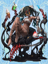  1girl belt black_sclera bow breasts choker colored_sclera crossed_legs cup dairoku_ryouhei dark-skinned_female dark_skin disposable_cup extra_eyes flower food full_body hair_bow hair_flower hair_ornament highres holding holding_cup ice_cream_cone kajaneko long_hair looking_at_viewer mephis_faceless navel popsicle sandals sharp_teeth shaved_ice sitting skeletal_hand slime_(creature) small_breasts solo spine stitches teeth two_side_up white_bow yellow_eyes  rating:Sensitive score:3 user:danbooru
