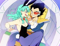  1boy 1girl animal_ears aqua_hair armor arms_up black_eyes black_hair black_leotard blue_eyes blue_pantyhose blush bow bowtie breasts bulma cleavage clenched_teeth crossed_arms d: detached_collar dragon_ball dragon_ball_(classic) dragonball_z dutch_angle embarrassed eye_contact fake_animal_ears fingernails floating_hair frown gloves leotard libeuo_(liveolivel) long_hair looking_at_another medium_breasts monkey_tail nervous open_mouth pantyhose playboy_bunny profile rabbit_ears rabbit_tail red_neckwear scouter sideboob sitting sitting_on_lap sitting_on_person spacecraft spiked_hair sweatdrop tail teeth time_paradox twitter_username upper_teeth_only vegeta white_gloves wrist_cuffs wristband  rating:Sensitive score:14 user:danbooru