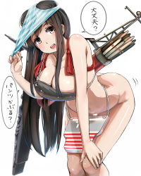 10s 1girl absurdres akagi_(kancolle) areola_slip arrow_(projectile) ass breasts brown_eyes butt_crack highres kantai_collection kentarosu7 kntrs_(knyrs) large_breasts long_hair muneate object_on_head open_mouth panties panties_on_head quiver simple_background smile solo straight_hair underwear white_background rating:Questionable score:31 user:danbooru