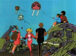  1980s_(style) 2girls 3boys age_difference artist_request blonde_hair blue_sky broken_glass brown_hair cable character_request child commentary damaged debris dress english_commentary glass gogg good_end gundam gundam_zz jacket judau_ashta key_visual kite kite_flying long_hair machinery magazine_scan mecha mobile_suit mobile_suit_gundam multiple_boys multiple_girls official_art oldschool out_(magazine) promotional_art retro_artstyle robot ruins scan science_fiction sitting size_difference sky traditional_media wreckage z&#039;gok_char_custom zaku_ii zeon zock 
