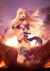  1girl armor arms_behind_back ball_gag bdsm bikini_armor blonde_hair bondage bound brown_eyes chain collar fire gag gagged highres horns instant_ip long_hair looking_at_viewer million_lore single_horn solo thighs  rating:Questionable score:111 user:Azail