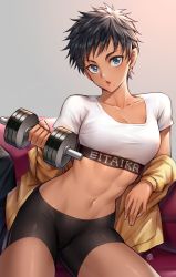 1girl abs absurdres bike_shorts black_hair black_shorts blue_eyes blush breasts clothes_pull clothes_writing collarbone cowboy_shot crop_top dark-skinned_female dark_skin earrings exercising fingernails groin hand_up highres holding hua-j jacket jacket_pull jewelry looking_at_viewer medium_breasts midriff mole mole_under_mouth muscular muscular_female navel one-punch_man open_clothes open_jacket open_mouth shirt short_hair short_sleeves shorts sitting solo spiked_hair star_(symbol) star_earrings stud_earrings suiko_(one-punch_man) tomboy toned very_short_hair weightlifting weights white_shirt yellow_jacket rating:Sensitive score:176 user:Yavie