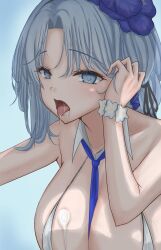  1girl absurdres alsace_(azur_lane) alsace_(heat_beating_summer_sacrament)_(azur_lane) azur_lane bare_shoulders between_breasts bikini black_hairband black_ribbon blue_eyes blue_hair blue_nails blue_necktie braid breasts cleavage collarbone commentary_request cotatubo detached_collar dripping flower food_on_body food_on_breasts french_braid hair_between_eyes hair_flower hair_ornament hair_ribbon hairband hand_up highres large_breasts long_hair necktie necktie_between_breasts official_alternate_costume open_mouth parted_bangs ribbon saliva scrunchie sidelocks solo swimsuit tongue tongue_out upper_body very_long_hair white_bikini wrist_scrunchie 