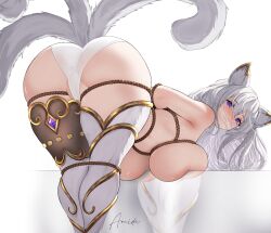 1girl amidasketchbook animal_ears arms_behind_back ass asymmetrical_legwear bdsm bent_over blush bondage bound breast_press breasts cameltoe cat_ears cat_tail closed_mouth from_behind gem grey_hair hair_between_eyes highres huge_breasts indie_virtual_youtuber long_hair looking_at_viewer looking_back mismatched_legwear multiple_tails panties purple_eyes reflection restrained signature simple_background smile solo tail thick_thighs thighhighs thighs topless underwear virtual_youtuber white_background white_hair white_panties rating:Questionable score:110 user:danbooru