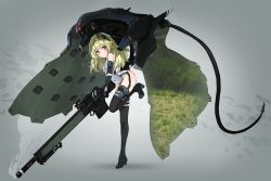 1girl black_footwear black_gloves black_thighhighs blush boots camouflage cloak clothing_cutout commentary covered_navel elbow_gloves full_body gloves green_hair grey_background gun hair_between_eyes headgear highres holding holding_gun holding_weapon huge_weapon leotard long_hair looking_at_viewer mecha_musume military oota_youjo original parted_lips red_eyes rifle scope shadow side_cutout sniper_rifle solo standing standing_on_one_leg suppressor thigh_boots thighhighs thighs weapon rating:Sensitive score:10 user:danbooru