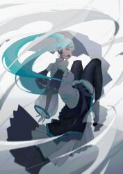  1girl absurdres black_thighhighs blue_eyes blue_hair detached_sleeves full_body grey_shirt hatsune_miku headset highres kido360 long_hair long_skirt looking_back miku_day open_mouth pleated_skirt see-through see-through_sleeves shirt skirt solo thighhighs twintails very_long_hair vocaloid 