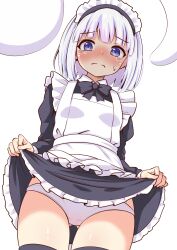1girl absurdres apron black_bow black_bowtie black_dress black_thighhighs blue_eyes blunt_bangs blush bob_cut bow bowtie closed_mouth clothes_lift collared_shirt dress dress_lift embarrassed frilled_dress frills from_below highres hikuchi_riku konpaku_youmu lifting_own_clothes long_sleeves looking_at_viewer maid maid_apron maid_headdress nose_blush panties shirt short_hair simple_background solo tears thighhighs thighs touhou underwear wavy_mouth white_background white_hair white_panties white_shirt