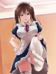 1girl apron aqua_eyes ascot blue_dress blue_eyes blush breasts brooch brown_hair cameltoe ceiling commentary_request covered_erect_nipples dress feet female_focus foot_focus frilled_dress frills from_below hand_on_own_hip indoors jewelry kaiga large_breasts leg_up light_frown long_hair looking_at_viewer maid maid_apron maid_headdress no_shoes original panties pantyshot parted_lips puffy_short_sleeves puffy_sleeves ribbon-trimmed_legwear ribbon_trim short_sleeves soles solo standing standing_on_one_leg taut_clothes thighhighs twintails underwear white_panties white_thighhighs wing_collar rating:Sensitive score:80 user:danbooru