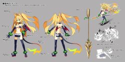  1girl adapted_costume anklet ass back belt bikini bikini_top_only black_footwear blonde_hair boots bracelet breasts character_sheet choker cosplay demon_tail demon_wings disgaea disgaea_rpg etna_(disgaea) etna_(disgaea)_(cosplay) fake_tail fake_wings full_body green_eyes grey_background hair_flaps holding holding_polearm holding_weapon jewelry kicked kicking large_breasts long_hair metallica_(majo_to_hyakkihei) multiple_views navel non-web_source official_art open_mouth photoshop_(medium) pointy_footwear polearm prinny red_wings sharp_teeth sidesaddle simple_background smile spear standing swimsuit tail teeth text_focus thigh_boots translation_request turnaround twintails very_long_hair weapon wings  rating:General score:3 user:danbooru