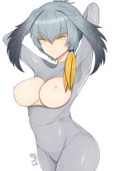 10s 1girl arms_behind_head arms_up black_hair blackwatchar bodystocking breast_cutout breasts breasts_apart breasts_out closed_mouth collarbone cowboy_shot expressionless framed_breasts gradient_hair grey_hair highres kemono_friends long_hair looking_at_viewer low_ponytail medium_breasts multicolored_hair nipples no_tail orange_hair shiny_clothes shoebill_(kemono_friends) side_ponytail signature simple_background skin_tight solo standing tsurime white_background yellow_eyes rating:Questionable score:23 user:danbooru