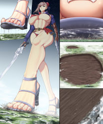  abs absurdres blue_eyes breasts brown_hair city fate_(series) feet gabbit giant giantess high_heels highres large_breasts miyamoto_musashi_(fate) muscular muscular_female shoeprint toes walking  rating:Questionable score:26 user:gigagiantess