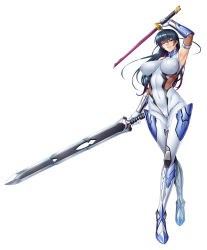 1girl arm_up armpits artist_request bare_shoulders blue_hair bodysuit covered_navel crossed_legs dark_blue_hair dual_wielding fishnets gloves gluteal_fold green_eyes grey_background grey_bodysuit hair_between_eyes half-closed_eyes highres holding holding_sword holding_weapon igawa_asagi impossible_clothes kagami_hirotaka katana long_hair navel official_art parted_lips pink_lips simple_background smile solo standing sword taimanin_(series) taimanin_rpgx thigh_gap vambraces watson_cross weapon white_background white_gloves rating:Sensitive score:61 user:danbooru