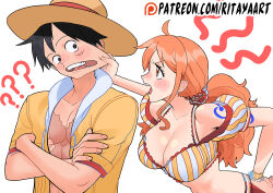  1boy 1girl black_hair blush breasts cleavage couple large_breasts long_hair midriff monkey_d._luffy muscular muscular_male nami_(one_piece) off_shoulder one_piece orange_hair ponytail rita_ya scar short_hair tattoo  rating:General score:9 user:lespam_605