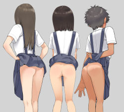  3girls ass bar_censor bare_legs black_hair censored clothes_lift clothing_cutout from_behind heart_cutout kneepits lifted_by_self loli long_hair mooning multiple_girls no_panties original pastime774 pleated_skirt school_uniform shirt short_hair short_sleeves simple_background skirt skirt_lift standing suspenders tan tanline tomboy white_shirt  rating:Explicit score:225 user:Nao