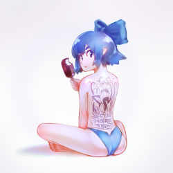 1girl back back_tattoo barefoot blue_eyes blue_hair blue_panties cirno english_text food frog glasses gradient_background hair_ribbon ice_cream looking_at_viewer looking_back matching_hair/eyes no_wings non-web_source panties pointy_ears ribbon short_hair sitting solo sunglasses tattoo text_focus topless touhou underwear rating:Sensitive score:16 user:danbooru