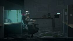  1girl animal_ears apron black_hair book book_stack cat_ears cat_girl chair coffee_maker cubicle fishing_rod indoors lily_pad maid maid_apron medium_hair night office office_chair printer swivel_chair water  rating:General score:1 user:DougDimmadome