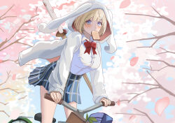  1girl absurdres animal_ear_hood bag bicycle blonde_hair blue_eyes blue_skirt blush book bread bread_slice breasts brown_dust_2 checkered_clothes checkered_skirt cherry_blossoms eyebrows_hidden_by_hair fake_animal_ears falling_petals feet_out_of_frame food food_in_mouth hair_between_eyes highres hood hoodie justia_(brown_dust) justia_(kendo_club)_(brown_dust) large_breasts looking_at_viewer mouth_hold neck_ribbon petals red_ribbon ribbon riding riding_bicycle school_bag school_uniform shirt short_hair skirt solo sword toast toast_in_mouth ugowl_j17 weapon weapon_on_back white_hoodie white_shirt wooden_sword 