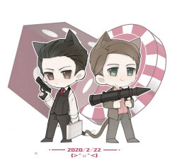  2boys animal_ears animification arthur_(inception) briefcase brown_eyes brown_hair cat_boy cat_ears cat_tail chibi collared_shirt dated dice eames facial_hair formal frown full_body green_eyes gun hair_slicked_back holding holding_briefcase holding_gun holding_weapon inception jacket long_sleeves male_focus multiple_boys poker_chip rocket_launcher shirt short_hair smile tail vest weapon ying_zui_yu_weiba_de_shengzhang 