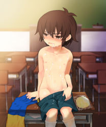  1boy aftersex ahoge blush boxers brown_eyes brown_hair caterpillar_(artist) classroom clothes_pull cum cum_in_mouth cum_on_body cum_on_upper_body desk embarrassed facial handa_shin&#039;ichi inazuma_eleven inazuma_eleven_(series) indoors male_focus male_underwear matching_hair/eyes on_desk open_mouth pants pants_pull school shorts shota sitting solo underwear undressing  rating:Explicit score:155 user:burnbell
