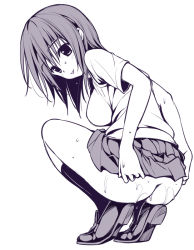  1girl :p ass blush breasts clothes_lift eyebrows lifted_by_self looking_at_viewer looking_back monochrome no_panties original oryo_(oryo04) purple_theme school_uniform shoes skirt skirt_lift solo squatting sweat tongue tongue_out  rating:Questionable score:34 user:danbooru