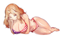  1girl american_flag american_flag_bikini american_flag_print bare_shoulders barefoot bikini blonde_hair blue_eyes breasts cleavage closed_mouth collarbone flag_print full_body ghgnvm girls_und_panzer highres kay_(girls_und_panzer) large_breasts legs long_hair looking_at_viewer lying navel on_side print_bikini red_bikini seductive_smile shiny_skin simple_background smile solo striped_bikini striped_clothes swimsuit thighs white_background 