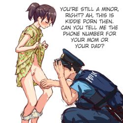 1boy 1girl age_difference black_hair blush cleft_of_venus closed_eyes clothes_lift clothes_writing dress dress_lift embarrassed hard-translated humiliation loli original panties panty_pull police police_uniform policeman ponytail pussy pussy_juice pussy_juice_trail short_hair simple_background sketch third-party_edit translated uncensored underwear uniform white_background yamada_(gotyui) rating:Explicit score:476 user:StolenTranslations