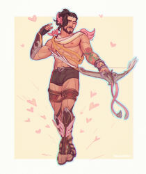 1boy abs absurdres arrow_(projectile) asian bara bare_pectorals beard black_shorts boots bow_(weapon) brown_hair bulge cupid cupid_hanzo dark-skinned_male dark_skin facial_hair flower_tattoo full_body furrowed_brow greek_clothes hanzo_(overwatch) highres holding holding_bow_(weapon) holding_weapon large_pectorals legs_together looking_at_viewer loving_aura magical_boy male_focus mature_male muscular muscular_male navel nipples official_alternate_costume overwatch pectorals pink_wings puckered_lips short_hair shorts solo standing tattoo thedamnthinguy thick_eyebrows thick_lips valentine weapon wings rating:Sensitive score:2 user:danbooru