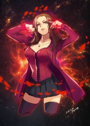  1girl animification artist_name avengers_(series) black_skirt black_thighhighs brown_hair bustier coat dated green_eyes highres jewelry long_hair looking_at_viewer marvel necklace pleated_skirt puyon_(puyon) scarlet_witch skirt solo thighhighs wanda_maximoff zettai_ryouiki 