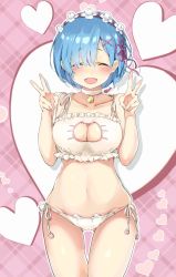  10s 1girl ^_^ bare_legs bare_shoulders bell bikini blue_hair blush breasts cameltoe cat_lingerie choker cleavage cleavage_cutout closed_eyes clothing_cutout collarbone commentary_request double_v hair_ornament hair_ribbon happy heart highres hip_focus iworin maid_headdress medium_breasts meme_attire navel neck_bell open_mouth panties pink_background pink_ribbon plaid plaid_background re:zero_kara_hajimeru_isekai_seikatsu rem_(re:zero) ribbon short_hair side-tie_panties solo stomach swimsuit thighs underwear v x_hair_ornament 