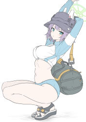  1girl absurdres animal_ears aqua_eyes arms_up bag bikini bikini_bottom_only black_hat blue_archive blue_bikini blue_jacket blush breasts bucket_hat commentary crop_top duffel_bag fake_animal_ears from_side green_halo halo hat highres jacket large_breasts long_sleeves looking_at_viewer masabodo midriff multicolored_clothes multicolored_jacket navel official_alternate_costume purple_eyes purple_hair rabbit_ears raglan_sleeves saki_(blue_archive) saki_(swimsuit)_(blue_archive) short_hair simple_background solo squatting_cowgirl_position stomach swimsuit two-tone_jacket white_background white_jacket  rating:Sensitive score:11 user:danbooru