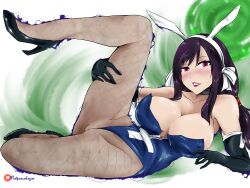  absurdres animal_costume black_hair blush breasts cameltoe cleavage fairy_tail fishnet_pantyhose fishnets flatpancakesjim high_heels highres holding_leg large_breasts one_leg_raised pantyhose pink_eyes rabbit_costume rabbit_ears seductive_smile simple_background smile thick_thighs thighs ultear_milkovich 