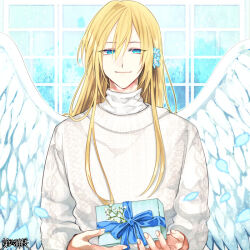  1boy angel_wings aran_sweater baby&#039;s-breath blonde_hair blue_background blue_bow blue_eyes blue_flower bow box cable_knit closed_mouth dairoku_ryouhei falling_petals flower gift gift_box hair_between_eyes hair_flower hair_ornament holding holding_gift long_hair long_sleeves looking_at_viewer male_focus muntins petals restia_vayu sawamuri sidelocks smile solo straight-on sweater turtleneck upper_body white_flower white_sweater white_wings window wings 