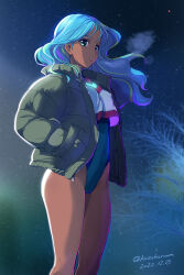  1girl bare_legs blue_hair copyright_request covered_navel dark-skinned_female dark_skin dated green_eyes green_jacket hands_in_pockets haruyama_kazunori highres jacket lips long_hair looking_at_viewer open_clothes open_jacket parted_lips solo standing thighs twitter_username  rating:Sensitive score:10 user:danbooru