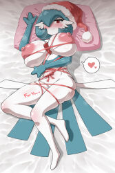 1girl alternate_color barefoot bed_sheet blue_hair blue_skin blush bob_cut body_writing bound breasts closed_mouth clothed_pokemon colored_skin creatures_(company) english_text female_focus from_above full_body fur-trimmed_headwear fur_trim game_freak gardevoir gen_3_pokemon groin hair_over_one_eye half-closed_eyes hand_up happy hat heart huge_breasts large_areolae legs looking_at_viewer lying multicolored_skin nintendo nipples nose_blush on_back one_eye_covered pillow pokemon pokemon_(creature) red_eyes red_hat red_ribbon ribbon ribbon_bondage santa_hat shiny_pokemon shiny_skin short_hair skindentation smile solo speech_bubble split_mouth spoken_heart steam steaming_body thighs torathi two-tone_skin white_skin