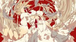  1girl :o blood breasts dungeon_meshi falin_touden falin_touden_(chimera) feathered_wings feathers foreshortening medium_breasts red_background ripping solo white_wings wings xiaolin_(pixiv3616574335) 