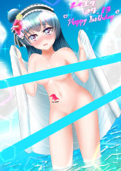  1girl absurdres artist_name bare_shoulders barefoot bikini bikini_skirt blue_hair blue_sky blunt_bangs blush bow breasts bridal_garter censored censored_nipples choker cleavage cloud copyright_name earrings female_focus floral_print flower frilled_bikini frilled_choker frills hair_bun hair_flower hair_ornament hairband highres jewelry lolita_hairband long_hair looking_at_viewer love_live! love_live!_school_idol_festival love_live!_sunshine!! mabeck navel necklace ocean one_burdened_with_a_sin outdoors purple_eyes red_eyes ribbon side_bun single_hair_bun sky small_breasts smile solo sparkle standing stomach_tattoo striped striped_bow sun swimsuit tattoo towel tsushima_yoshiko wading water wrist_ribbon 