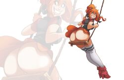  1girl absurdres ass high_heels highres long_hair no_panties ponytail pussy pussy_peek red_hair skirt smiley_face solo swing thighhighs trizia_(character) trizia_(pedro_perez)  rating:Explicit score:16 user:PaladinDense308