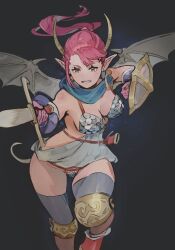  1girl armor bat_wings belt bikini_armor black_background breasts clenched_teeth demon_girl gloves grey_thighhighs grey_tunic holding holding_shield holding_sword holding_weapon horns knee_pads long_hair nakade1 original pink_hair pointing pointing_at_viewer pointy_ears ponytail shield simple_background single_sidelock solo sword teeth thighhighs weapon wings 