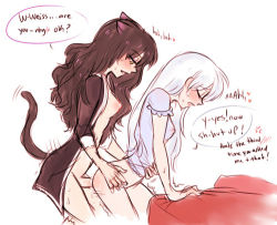  2girls animal_ears bent_over black_hair blake_belladonna blush breasts cat_ears cat_tail closed_eyes clothed_sex cum doggystyle english_text erection facing_another faunus_(rwby) from_side functionally_nude futa_with_female futanari hair_down hand_on_another&#039;s_hip hand_on_another&#039;s_stomach hand_on_own_hip hand_on_stomach heart holding holding_person long_hair looking_at_another looking_down lowres moaning multiple_girls nightgown nipples open_clothes open_mouth pajamas partially_undressed penis queenfuta rwby sex sex_from_behind simple_background small_breasts speech_bubble standing standing_sex sweat tail talking text_focus weiss_schnee white_background white_hair yellow_eyes 