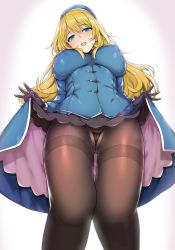 10s 1girl atago_(kancolle) beret black_gloves black_panties blonde_hair blue_dress blue_eyes blue_hat blue_jacket blush breasts buttons cameltoe clothes_lift covered_erect_nipples dress dress_lift frilled_dress frills from_below gloves gradient_background grey_background hair_between_eyes hat highres jacket kantai_collection katsurai_yoshiaki large_breasts long_hair long_sleeves looking_at_viewer open_mouth panties panties_under_pantyhose pantyhose simple_background solo thighband_pantyhose underbust underwear upper_body rating:Questionable score:65 user:danbooru